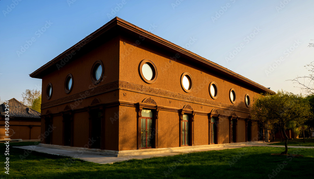 Poster elegant architecture with circular windows at dusk