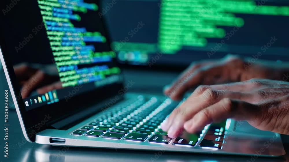 Aufkleber Close up of software developer hands typing on keyboard, working with green code reflected on glasses, developing new application in dark office