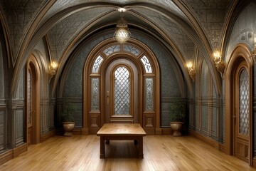 Obraz premium A dark gothic hall where a shadowy council debates over a prisoner fate for the â€œgreater goodâ€