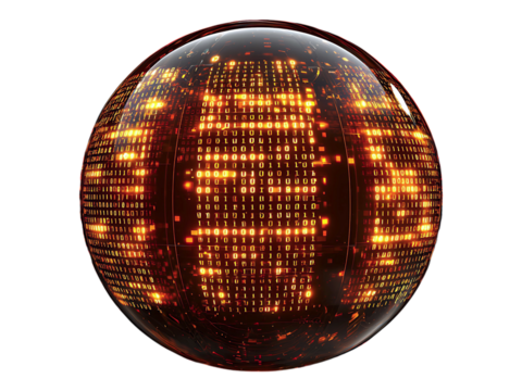 Glowing digital sphere, abstract concept of global network, data flow, and binary code.  Perfect for tech, AI, and futuristic designs.  Use as a background, illustration, or symbol of innovation.