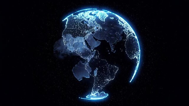 Glowing Blue Digital Earth Rotating in Dark Space