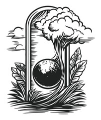 Fototapeta premium Artistic Engraving of a Tree and Sphere with Leafy Surroundings
