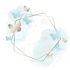 Elegant golden frame with butterflies and watercolor splashes. Delicate pastel blue and gold design for wedding invitations, greeting cards and luxury templates. 