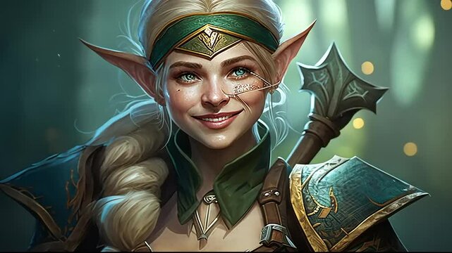 Enchanting elf warrior in a mystical forest, smiling confidently with a bow, surrounded by ethereal light