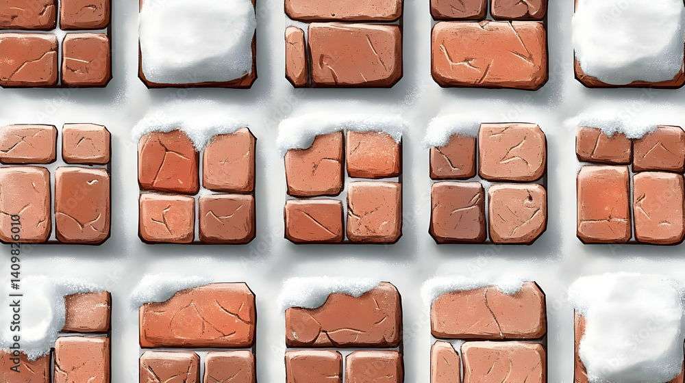 Poster red brick blocks topped with snow winter pattern for game design detailed pixel art tiles arranged o