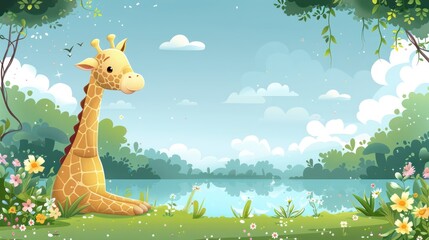 Cute giraffe by a serene lake in a lush forest