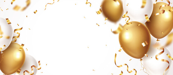 Gold balloons, confetti and ribbon celebrations banner element	