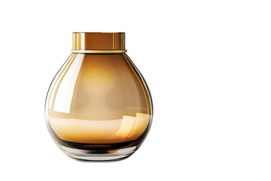 Luxurious amber perfume bottle elegant teardrop design gold accents rich on transparent background