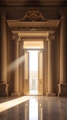 Obraz premium Sunlight streaming through elegant double doors in a luxurious classical interior with ornate pillars and intricate architectural details, creating a warm golden ambiance