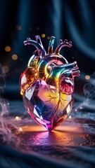 Dreamlike cinematic photo of glowing crystal heart with photorealistic textures, surreal mist, warm lighting, and 35mm film grain evoking mystical, enchanting visual wonder

