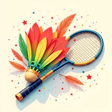A vibrant and artistic badminton-themed illustration featuring a colorful shuttlecock with feathers in a gradient of bright hues from red to green. Beside it lies a racket with a striking blue 