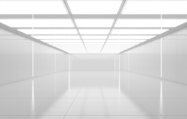 Obraz premium bright, minimalistic white interior with futuristic feel, featuring glossy floor and illuminated ceiling panels, creating spacious and modern atmosphere