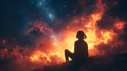 Contemplation Under Cosmic Flames: A silhouette gazes upon a breathtaking night sky ablaze with vibrant cosmic clouds, blending mystery and awe.