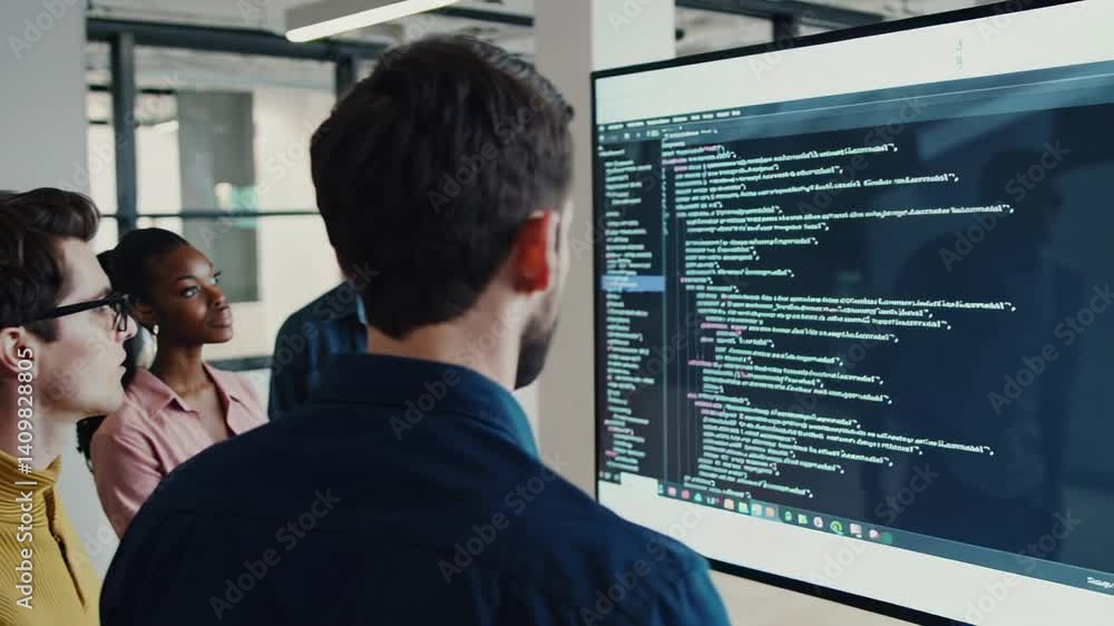 Poster Diverse software developers collaborating on complex code analysis, displaying innovative problem solving in modern office workspace
