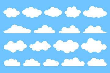 Simple cloud collection on blue background. Flat summer vector set.