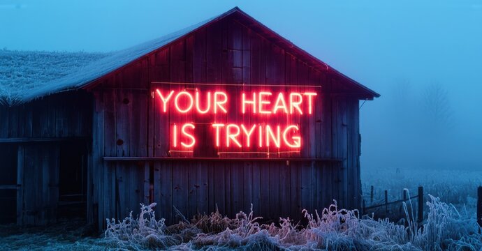Naklejki Glowing blue and red neon your heart is trying in bold font on weathered barn wall in fog with frost on wood and silence around