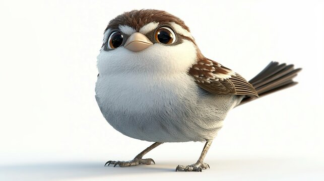 Passero, cartone animato in stile rendering 3D, su sfondo bianco