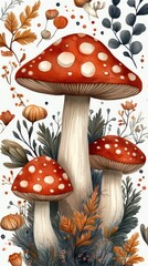 Three red capped mushrooms with white spots surrounded by leaves and foliage.