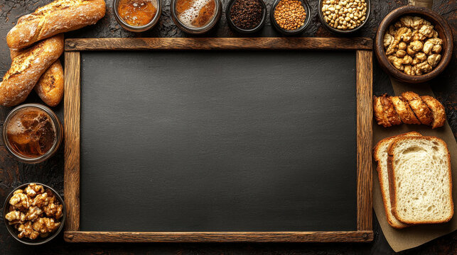 Rustic blackboard with bread, nuts, and grains on wooden table, Blank background with copy space and negative space for text