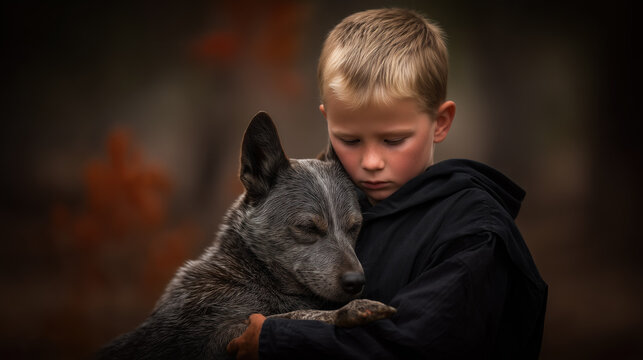 Blonde boy gently holding sleeping dog in emotional moment of love and friendship outdoors