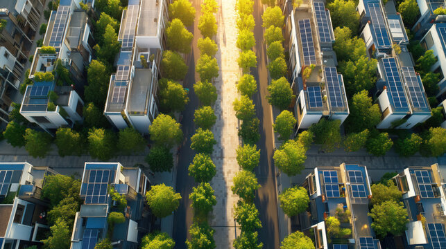 Modern sustainable neighborhood with solar panels and green trees seen from above at sunrise