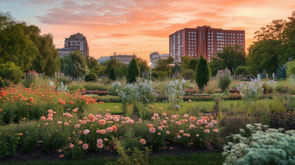 Fototapeta premium Urban Garden at Sunset with Colorful Flowers and Buildings 