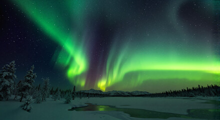 Northern Lights Dancing Over Frozen Landscape at Night  