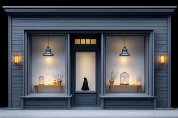 A spooky window display with shadowy figures and flickering lights