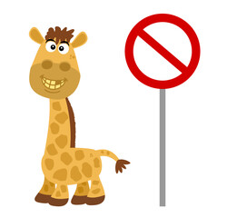 Cute giraffe on profile with prohibition sign on white background - vector