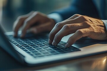 Close-up of hands typing on laptop keyboard