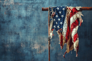 A tattered American flag hangs heavy with history and solemn remembrance