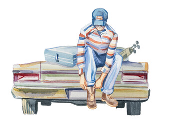 Retro car and man on it illustration isolated on white. Watercolor hand painted travel concept illustration. Vintage vehicle themed clipart.