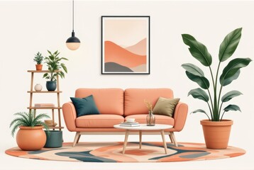 Stylish living room decor home interior digital art minimalist style eye-level view modern aesthetics