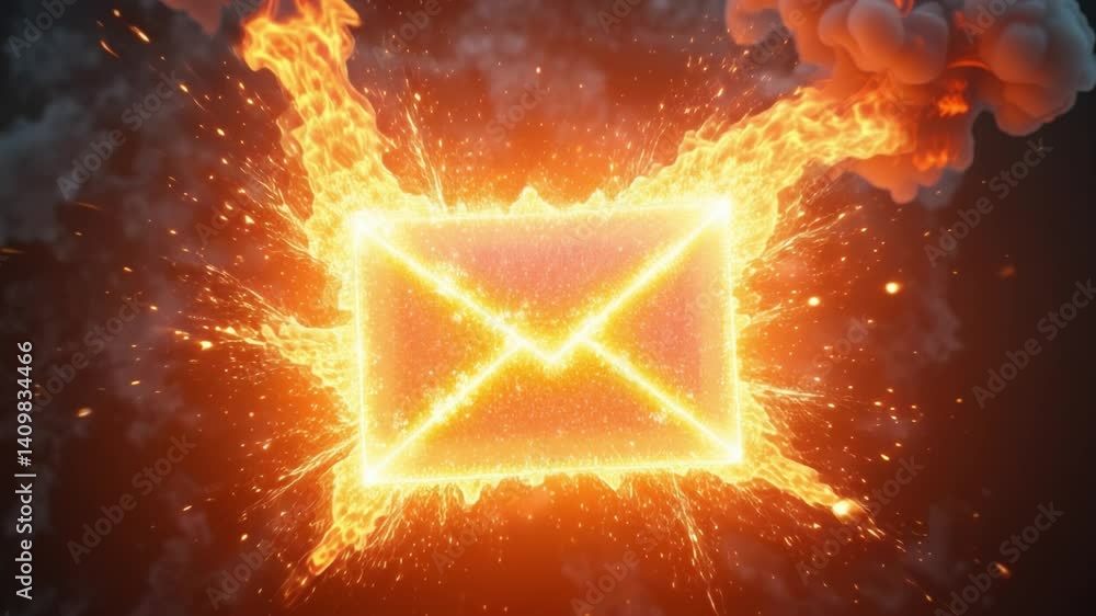 Poster A glowing envelope is surrounded by a fiery explosion