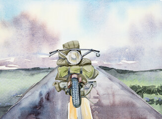 Retro motobike on a road landscape background design. Watercolor hand painted travel concept illustration. Vintage vehicle themed clipart.
