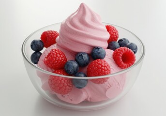 A clear bowl with pink frozen yogurt and assorted berries on a white background surface view