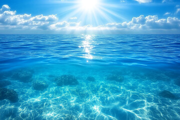 Obraz premium Serene ocean view sun shining bright above crystal clear water underwater rocks visible