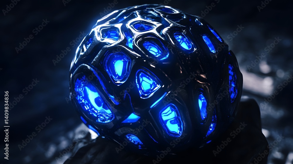 Fototapete glowing blue orb: a mesmerizing, dark blue, glowing orb with intricate, organic latticework structur