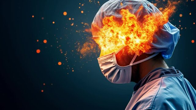 A surgeon with an exploding head and Symbolizing the concept of stress and mental health in a medical environment