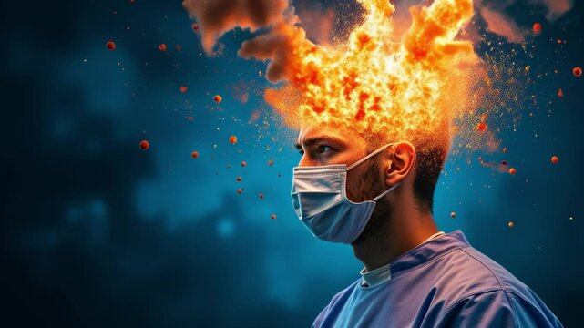 A surgeon with an exploding head and Symbolizing the concept of stress and mental health in a medical environment