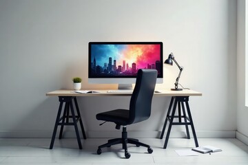 Empty chair at desk facing computer screen, papers scattered, loneliness, computer