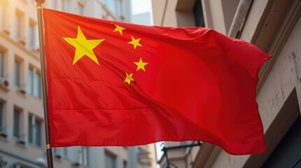 Chinese flag waving in urban environment