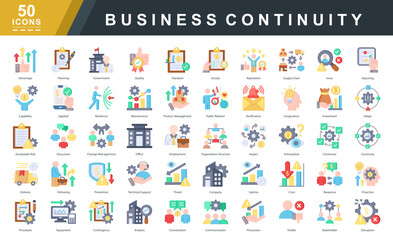 Business continuity flat icon set covering risk planning, resilience, disruption response, and operational strategy. Ideal for corporate preparedness, crisis management, and workflow design.