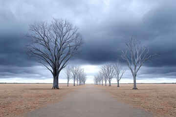 Fototapeta premium Dark earth under black clouds and skeletal trees in a global warming dystopia