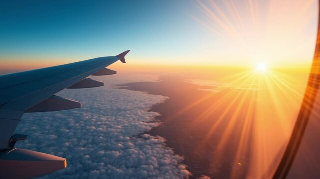 Morning flight with sunlight wing of plane over city view airplane flying above clouds blue sky scenic view from window commercial airline flight mechanics concept