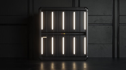 Futuristic black server cabinet with vertical glowing lights in a dark sci-fi room, high tech and minimalistic design.