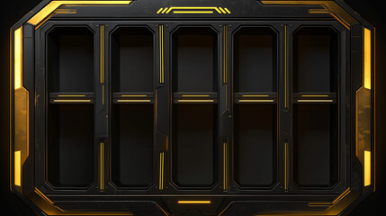 Futuristic sci fi panel with glowing yellow lights and black metallic frame, ideal for user interface or gaming design.