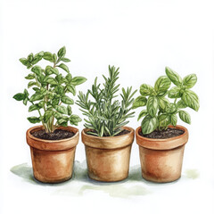 Illustration painted in boho style,fresh herbs in pots. So charming