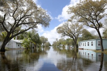 Obraz premium Floodwaters submerging homes and streets in a coastal city