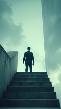 Surreal concept of a man rising stairs to try to reach the top